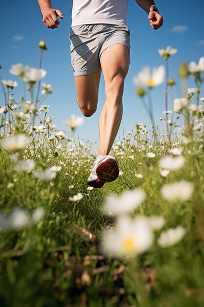 closeup of the legs of a male athlete running across a field of flowers