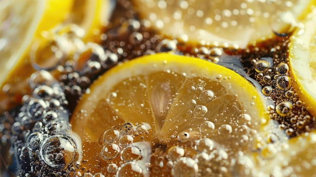 Photo closeup of lemon slices in bubbly brown liquid