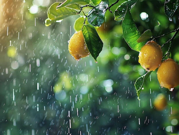 Closeup of a lemon tree in the rain with water droplets glistening on the bright yellow lemons and lush green leaves capturing the refreshing scene with a blurred background