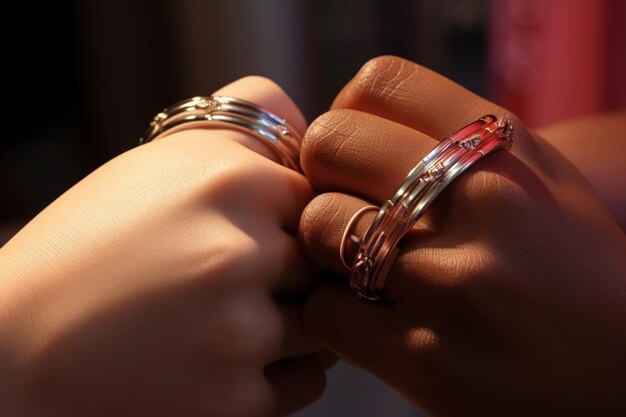 Closeup of a lesbian couples hands with matching Generative ai