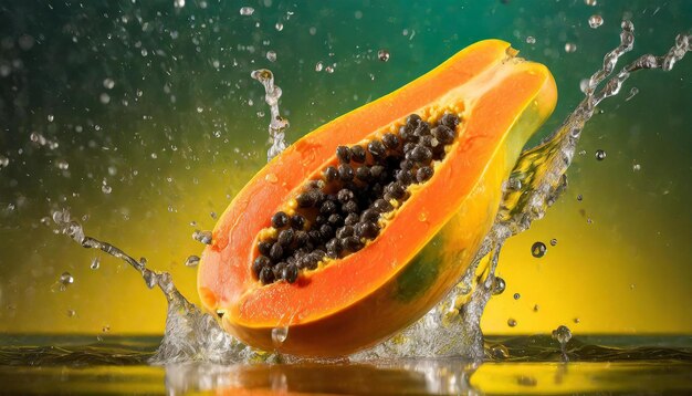 Closeup of levitating fresh papaya with splashes of water Tasty and healthy food Organic fruit