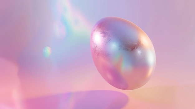 Closeup of a levitating iridescent pearl with a glowing rainbow colored light reflecting on a pink