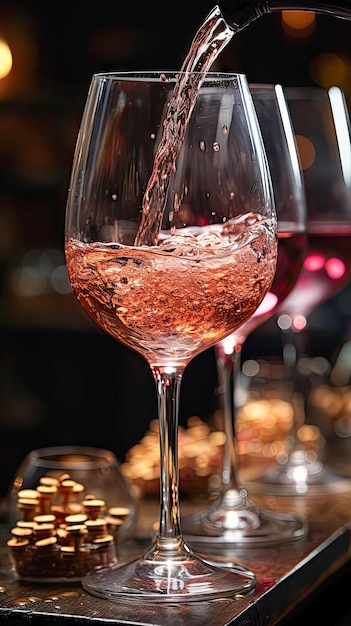 closeup of light red wine being poured into a glass