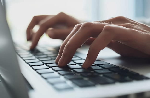 Photo closeup lighting captures the movement of hands typing on a laptop keyboard with focused fingers aig59