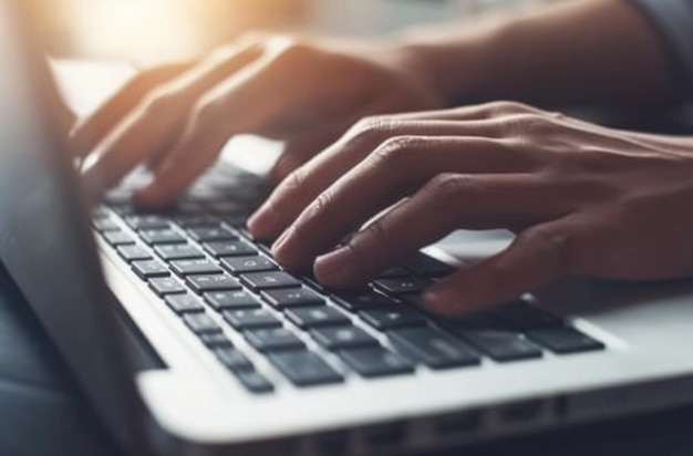 Closeup lighting captures the movement of hands typing on a laptop keyboard with focused fingers aig