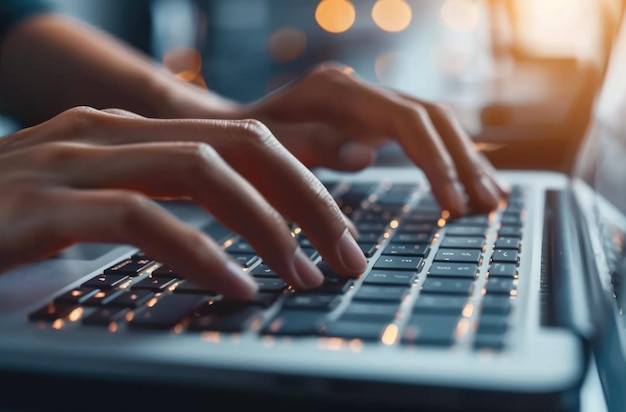 Closeup lighting captures the movement of hands typing on a laptop keyboard with focused fingers aig