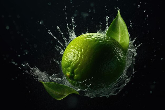 Closeup of a lime floating in a clear splash of water against a black background - AI generated