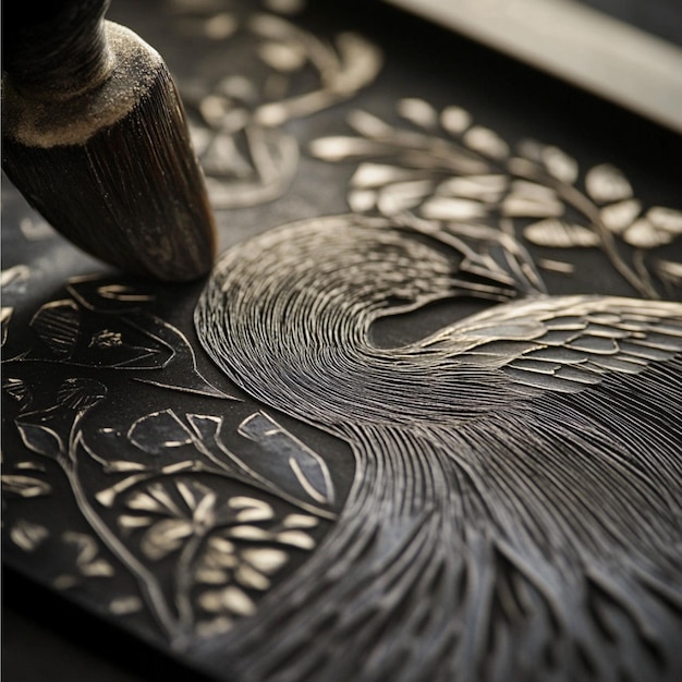 Photo a closeup of a linocut block with a design carved into it ready for printing