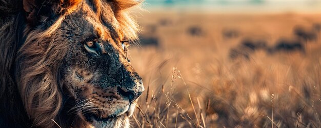 Closeup of a Lion39s Face in Golden Grass