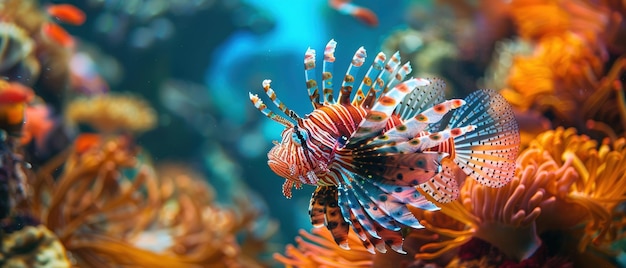 Closeup of a lionfish on a coral reef