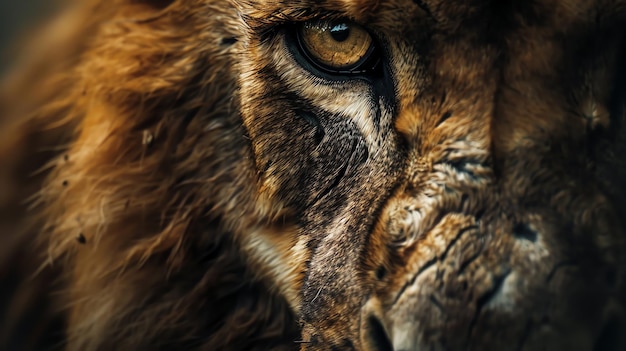 Closeup of a lions eye showing the intricate details of its fur and the powerful gaze