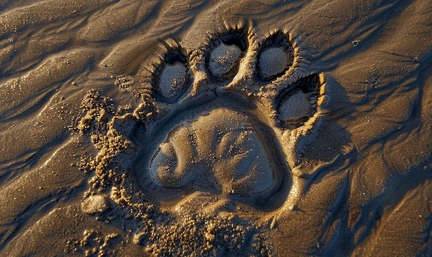 Photo closeup of lions paw prints in the sand