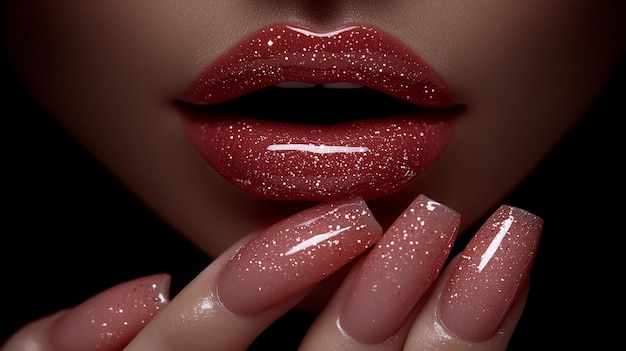 Photo a closeup of the lips and fingers with glossy lipstick showcasing a perfect manicure in a light pink color the skin tone is warm and radiant emphasizing natural beauty