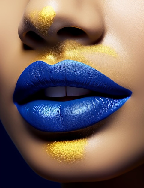 Closeup of lips with blue and gold makeup AI generative