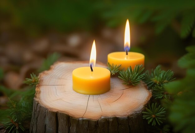 A closeup of a lit beeswax candle on a tree stump with a warm and cozy atmosphere