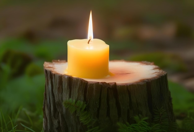 A closeup of a lit beeswax candle on a tree stump with a warm and cozy atmosphere