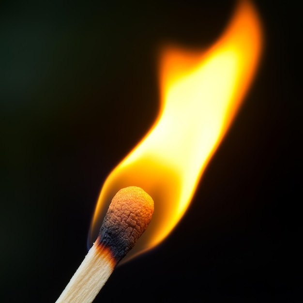 A closeup of a lit match with a bright flame against a dark background