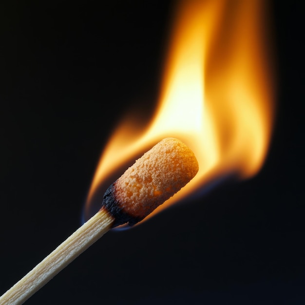 A closeup of a lit match with a bright orange flame against a black background