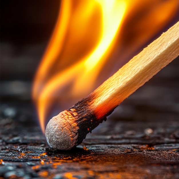 Photo closeup of a lit match with a burning flame against a dark background