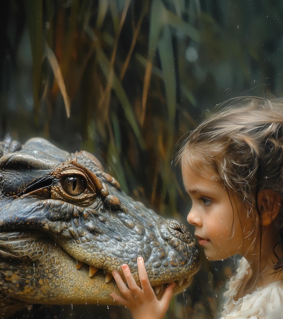 Photo closeup of a little girl stroking the head of a crocodile created with generative ai technology