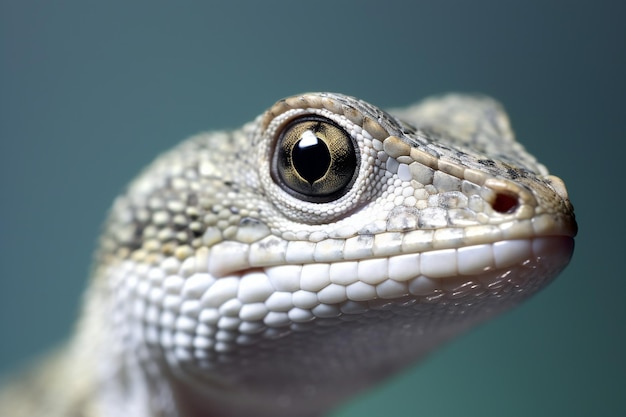 Closeup of a lizard's eye on a gray background