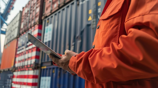 Closeup of a logistics worker using a tablet in front of a stack of shipping containers one prominently featuring the USA flag