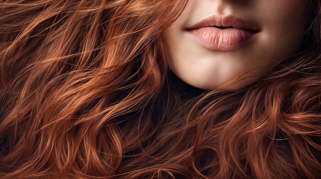 A closeup the long wavy strands of a woman vibrant red hair Generative AI