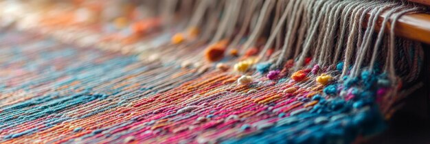 Photo a closeup of a loom with colorful threads woven into a beautiful pattern showcasing the artis