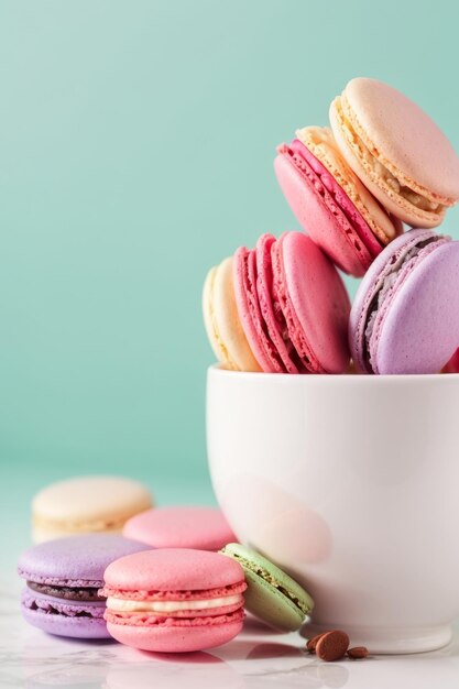 Closeup of a lot of colorful delicious fresh macaroons in a white cup on a pastel green background Pastry chef baking concepts