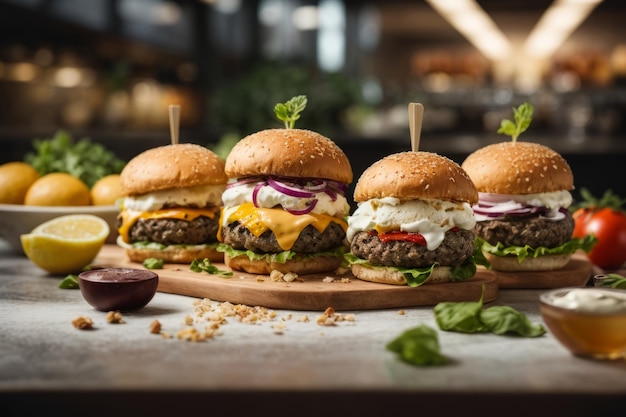 Closeup of a lot of diverse delicious fresh burgers on the cafe table Fast food