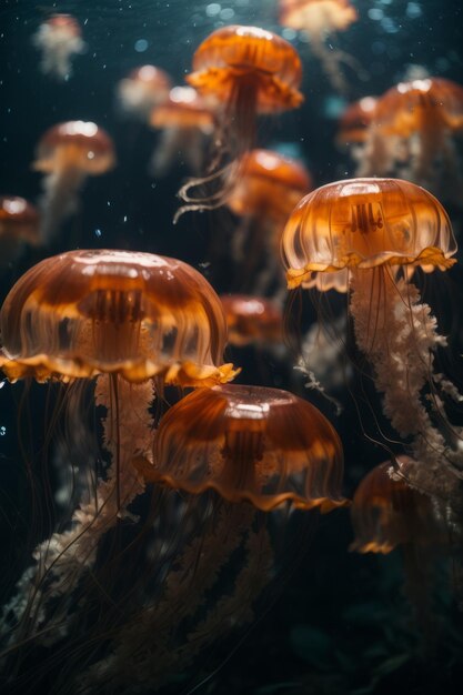 Closeup of a lot of jellyfish in the blue background of the sea