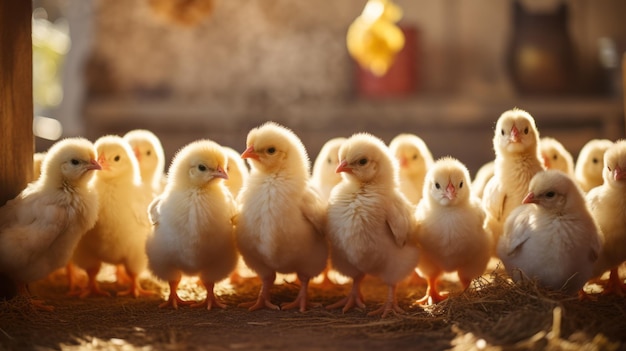 Closeup of a lot of little yellow chickens in a chicken farm Agriculture meat and egg production concepts