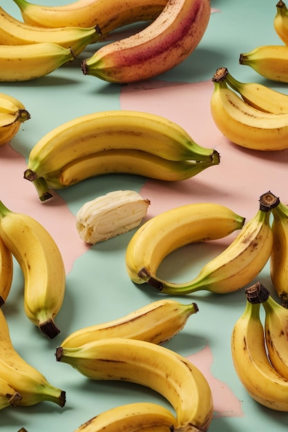 Closeup of a lot of yellow bananas on a pastel multicolored background