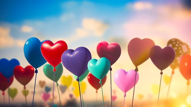 Closeup of loveshaped balloons with dreamy bokeh pastel sky backdrop