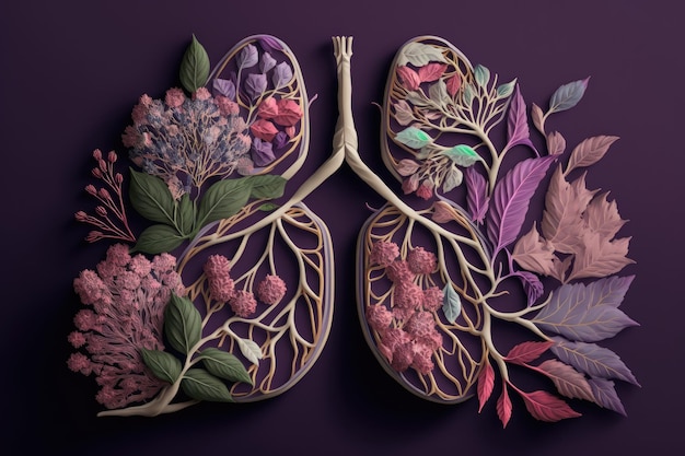 Closeup of lungs made from pink and purple flowers with delicate petals