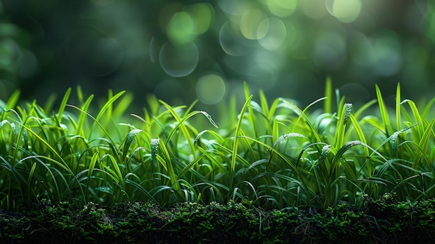 Closeup of Lush Green Grass Blades with Dew Drops