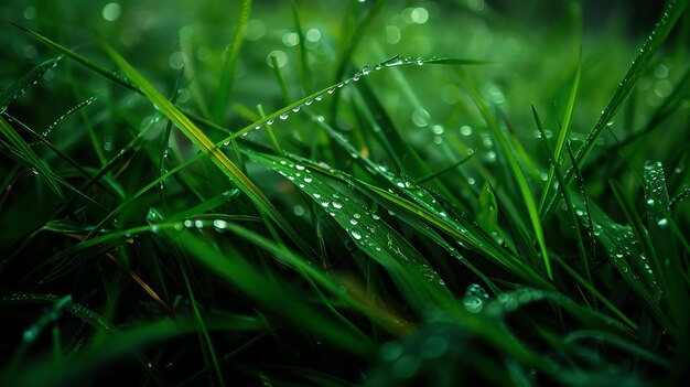 Photo closeup of lush green grass with dew drops