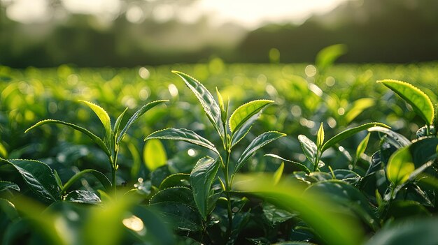 Photo closeup of lush green tea plant leaves in sunlight