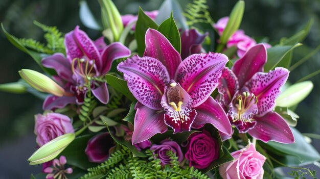 Photo a closeup of a luxurious bouquet of deep purple orchids and pink lilies arranged with lush greenery