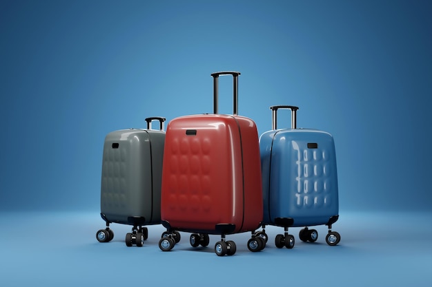 Closeup of luxurious and elegant blue red and gray plastic suitcases on a blue background Travel vacation vacation concept 3d illustration