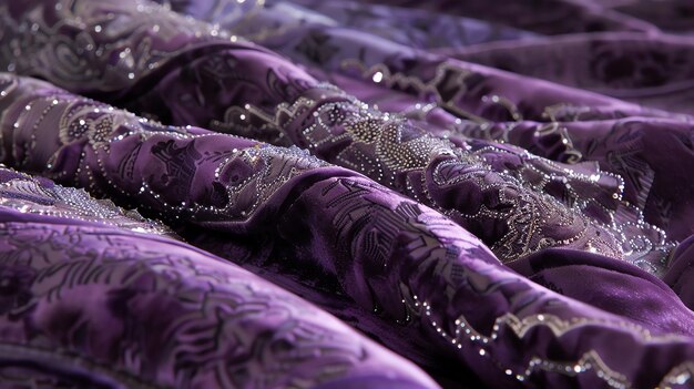 A closeup of a luxurious purple fabric with intricate embroidery