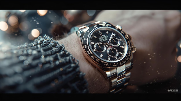 A closeup of a luxury mens wristwatch with a black face and gold accents