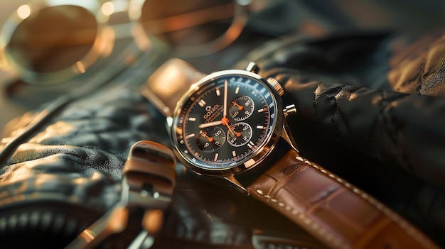 A closeup of a luxury wristwatch with a brown leather band