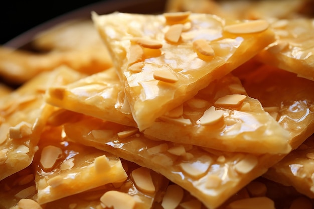 A closeup of Macadamia nut brittle being wrapped in clear cellophane