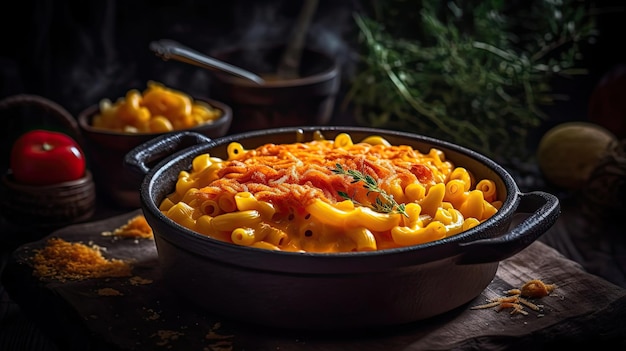 Closeup Macaroni cheese above a bowl with a blurred background