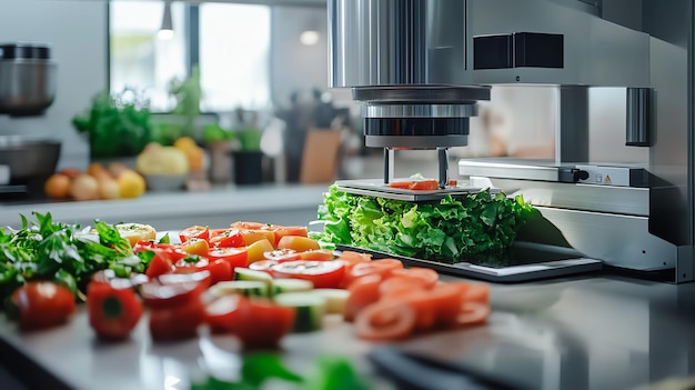 Closeup of a machine slicing vegetables in a modern kitchen