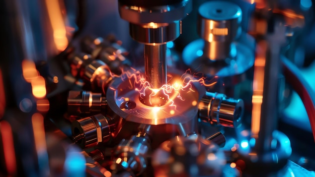 Closeup of a machine with a metal drill bit sparking as it touches a metal surface