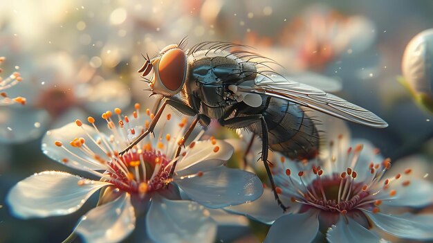 Closeup macro of a fly on a flower