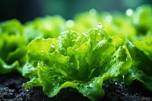 Closeup macro lettuce grown in greenhouse with drip irrigation hose system