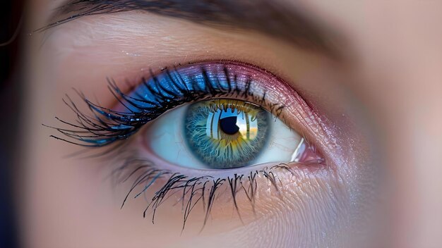 Closeup macro photo of womans eye with blue lashes and magenta shadow Concept Beauty Trends Eye Makeup Macro Photography Closeup Portraits Cosmetics Art